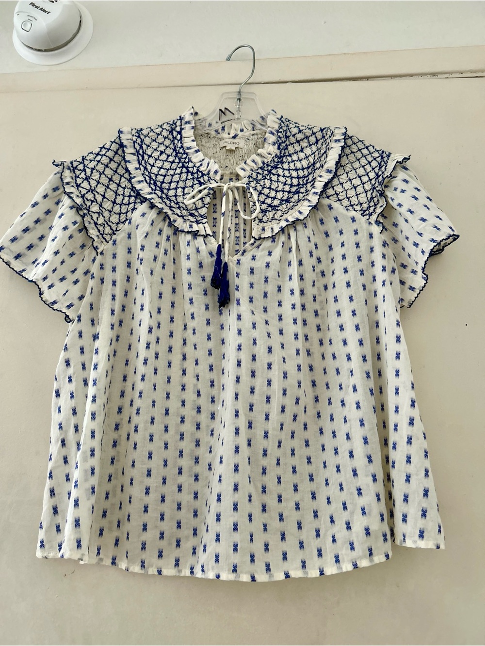 Pilcro White Cotton Blouse with Blue Embroidery